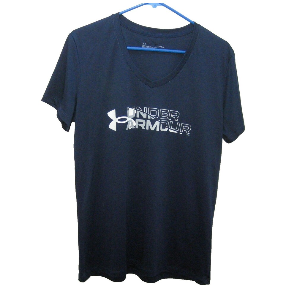 Under Armour Womens Large Blue Short Sleeve Graphic Logo T-Shirt Heatgear Top